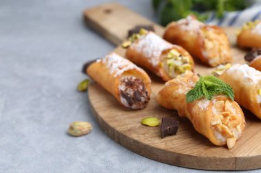 Peynirli, fındıklı, pudra şekerli, çikolatalı ve naneli nefis cannoli, yakın plan. Metin için boşluk