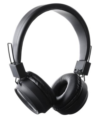 Beyaza izole edilmiş bir çift siyah kulaklık.