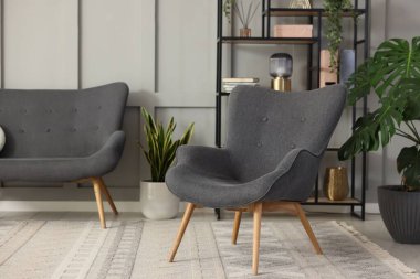 Şık gri koltuk, kanepe, raf ünitesi ve ev bitkileri. İç tasarım