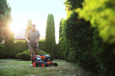 Bahçede çim biçme makinesiyle yeşil çim biçen bir adam