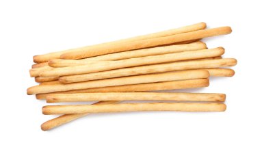 Lezzetli Grissini çubukları beyaza izole edilmiş, üst manzara