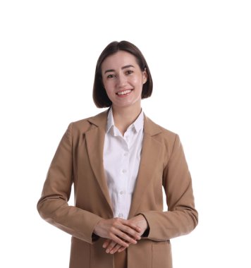 Beyaz arka planda üniformalı gülümseyen hostes portresi