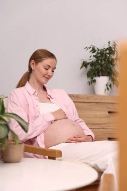 Evdeki koltukta oturan güzel hamile kadın.