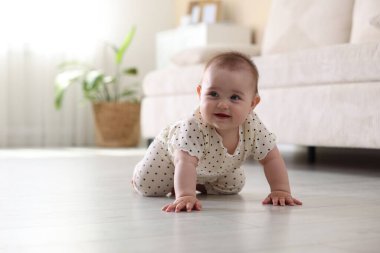 Evde yerde sürünen şirin küçük bebek, mesaj için yer var.