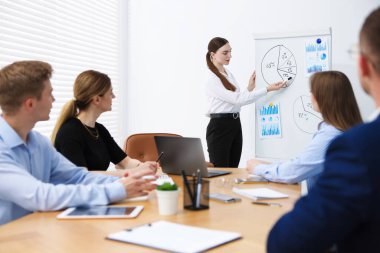 İş koçu ofisteki bir grup insana sunum yapıyor.