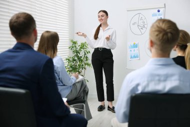 İş koçu ofisteki bir grup insana sunum yapıyor.