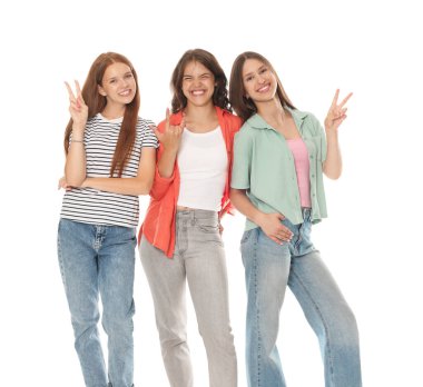 Beyaz arka planda mutlu arkadaşların portresi