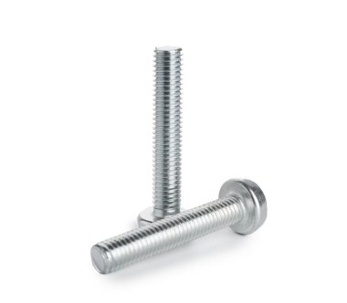 Beyaza izole edilmiş iki metal cıvata. Donanım aracı