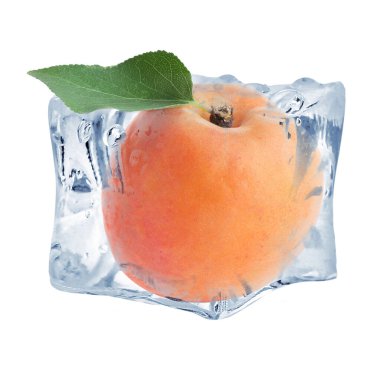 Olgun kayısı meyvesi ve yeşil yapraklı buz küpü beyaza izole edilmiş. Donmuş yiyecekler