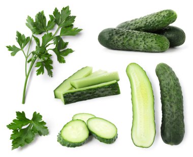 Taze salatalık ve maydanoz beyaza izole edilmiş, kolaj.