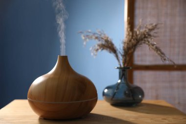 Modern aroma lambası ve vazodaki kuru bitkiler kapalı masa üzerinde, yakın plan