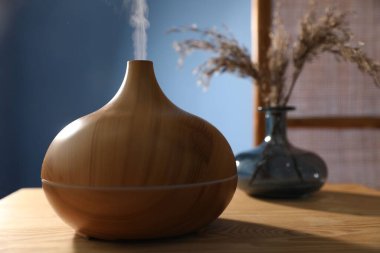 Modern aroma lambası ve vazodaki kuru bitkiler kapalı masa üzerinde, yakın plan