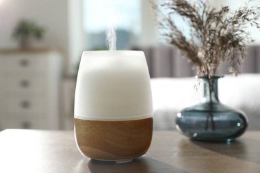 Modern aroma lambası ve vazodaki kuru bitkiler kapalı masa üzerinde.