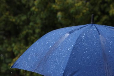 Sağanak yağmur altında mavi şemsiye, yakın çekim.