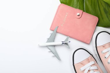 Yaz tatili zamanı. Pasaport, oyuncak uçak, ayakkabılar ve beyaz arka planda yeşil yaprak. Metin için boşluk