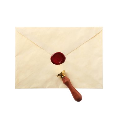 Balmumu mühür ve zarf beyaz, üst görünümde izole