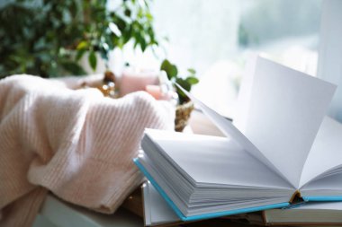 Spa kompozisyonu. Mumları yakmak ve kozmetik ürünleri sepetin içinde, kapalı alanda battaniyeli, kitaplara odaklan.