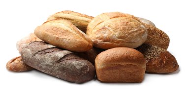 Beyaza izole edilmiş farklı ekmek ve buğday dalları.