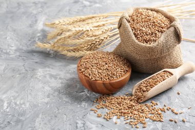 Gri masa üzerinde buğday taneleri ve çiviler, metin için boşluk