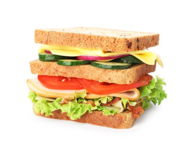 Jambonlu, pastırmalı, peynirli ve sebzeli lezzetli sandviç.