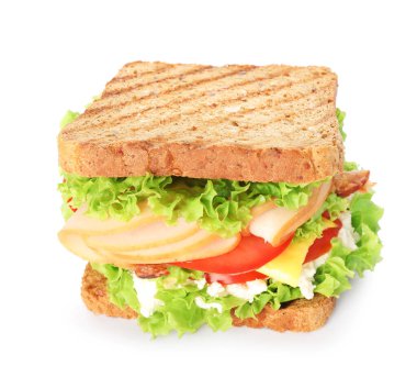 Jambonlu, pastırmalı, peynirli ve sebzeli lezzetli sandviç.