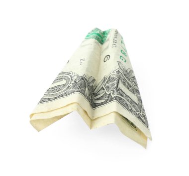 Dolar banknotundan yapılmış uçak beyaz üzerine izole edilmiş.