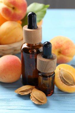 Yağ şişeleri, taze kayısılar ve çekirdekler açık mavi ahşap masa, yakın plan.