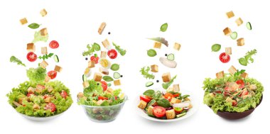 Ekmek ve diğer malzemeler beyaz arka planda salata kaselerine dökülüyor.