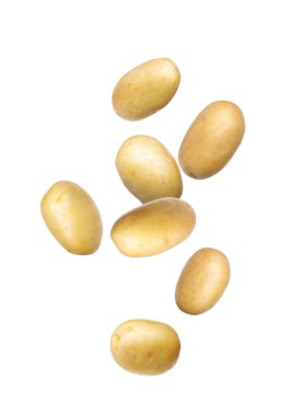 Beyaz zemine düşen taze çiğ patates.