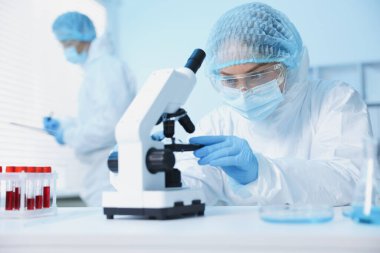 Tıbbi analiz. Laboratuvarda mikroskopla çalışan bilim adamı, seçici odaklanma