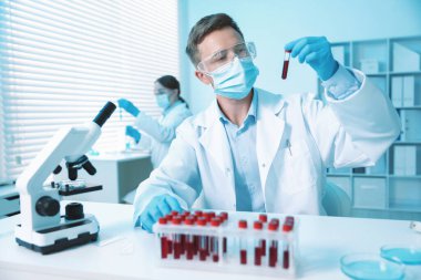 Tıbbi analiz. Laboratuvarda kan örneğiyle çalışan bir bilim adamı.