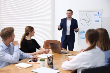 İş koçu ofisteki bir grup insana sunum yapıyor.