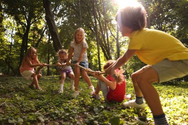 Parkta çekiştirmece oynayan sevimli küçük çocuklar.