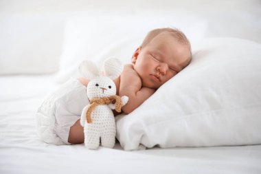 Sevimli yeni doğmuş bebek yastıkta uyuyor ve oyuncak tavşan içeride.