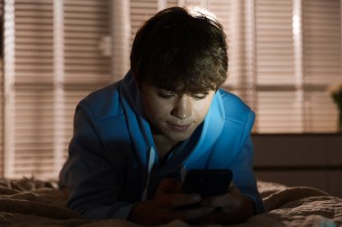 Ergen çocuk evde akıllı telefon kullanıyor.