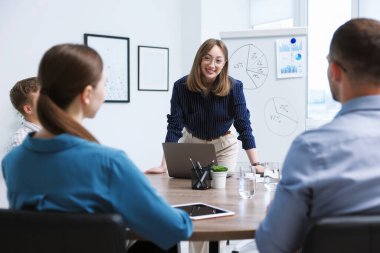 İş koçu ofisteki bir grup insana sunum yapıyor.