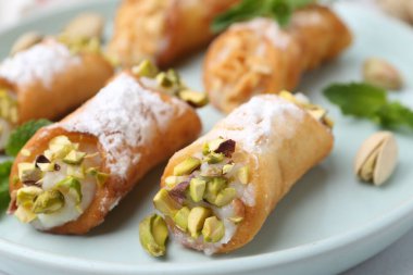Peynirli, fındıklı ve naneli nefis cannoli, yakın plan.