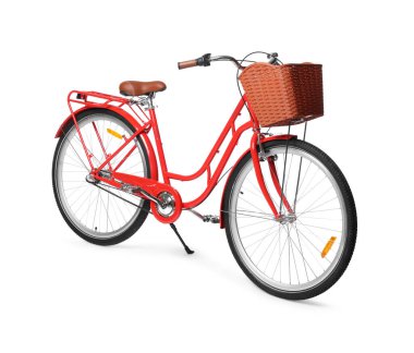 Beyaz arka planda sepeti olan bir bisiklet.