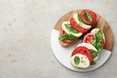 Mozarella peynirli lezzetli sandviçler, açık gri desenli masada domates ve fesleğen, üst manzara. Metin için boşluk