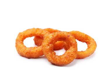 Kızarmış mürekkep balığı halkaları beyaza izole edilmiş. Lezzetli fast food.