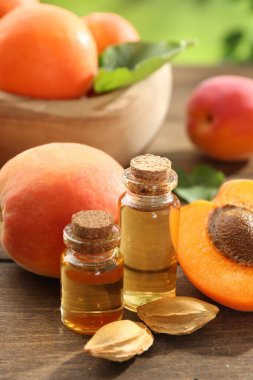 Şişelerdeki, tohumlardaki ve olgun kayısılardaki yağlar ahşap masada bulanık yeşil arka planda, yakın planda.