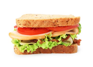 Jambonlu, pastırmalı, peynirli ve sebzeli lezzetli sandviç.