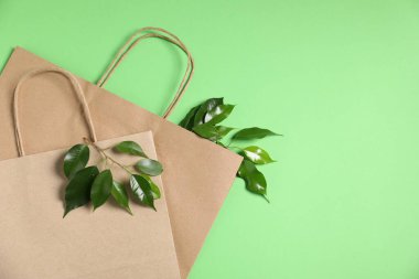 Çevre dostu ambalaj. Kağıtlar ve yapraklar açık yeşil arka planda, düz yatıyordu. Metin için boşluk