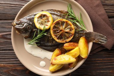 Biberiye, patates ve limon dilimli ahşap masa manzaralı kızarmış balık. Ev yapımı deniz ürünleri yemeği.