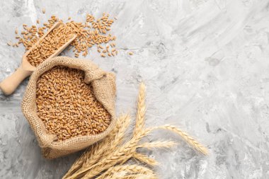 Gri masadaki buğday taneleri ve çiviler düzdü. Metin için boşluk