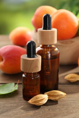 Şişe, tohum, yaprak ve olgun kayısılarda, ahşap masada, bulanık yeşil arka planda, yakın planda, Aromatik gerekli yağ