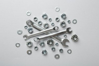 Beyaz zemin üzerinde metal anahtarlar ve fındıklar, düz yatıyordu.