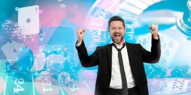 Mutlu kumarbaz, kumarhane fişleri, zar, iskambil ve rulet. Pankart tasarımı