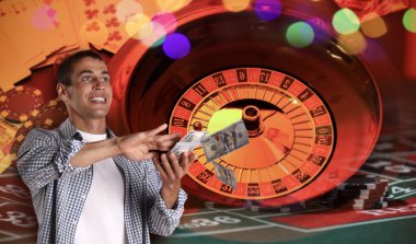 Kumarbaz para, kumarhane fişi, kağıt ve rulet oynuyor. Pankart tasarımı