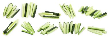 Beyaz üzerine izole edilmiş taze salatalık dilimleri, kolaj.